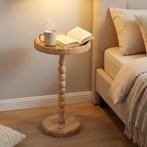 Boho Rattan Round Side Table – Small Pedestal Table for Living Room, Bedroom, or Office – Compact End Table with Solid Wood Legs – Modern Coffee Table for Small Spaces, Corners, & Plant Stand