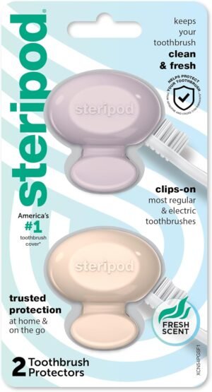 Steripod Clip-On Toothbrush Protector, Keeps Fresh and Clean, Fits Most Manual and Electric Toothbrushes, Pink and Blue, 2 Count (Pack of 1)
