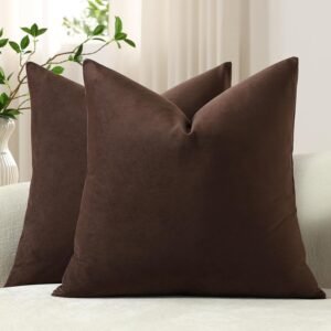 DEZENE Throw Pillow Covers 18×18 Chocolate Brown: Pack of 2 Cozy Soft Velvet Square Modern Luxury Decorative Throw Pillow Cases for Sofa Couch Living Room Bed Home Decor
