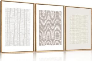 Large Abstract White and Beige Framed Canvas Wall Art,Geometric Dot and Line Wall Decor,Modern Wave Lines Artwork,Neutral Minimalist Shapes Art Print for Living Room,Bedroom,Office- 16″x24″x3