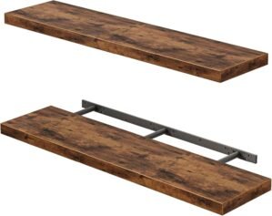 Fixwal Wall Shelves, 35.4″ Long Heavy Duty Wall Mounted Rustic Wood Shelves for Living Room, Bedroom, Bathroom and Kitchen, Wall Shelves for Storage, Books, Room Decor (Rustic Brown, Set of 2)
