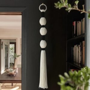 IOWER Macrame Wall Hanging Boho Wall Decor Small Sphericity Cotton Textile Tassel Hanging Fiber Yarn Art for Living Room Bedroom 27” L x 2.3” W