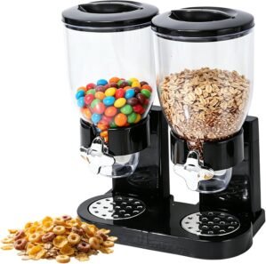 Dual Cereal Dispenser, Double Compartment Dry Food Storage Container, Airtight Grain & Candy Dispenser for Oatmeal, Snacks, Nuts, Pet Food, Countertop Dispenser with Portion Control(Black-Two)