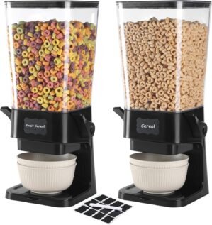 Cereal Dispenser Countertop with Cereal Bowls,16 Labels & Pen, Cereal Containers Storage, Candy Dispenser, Dry Food Dispenser For Pantry – Not Easy to Crush Food (Black, 2 Pack)