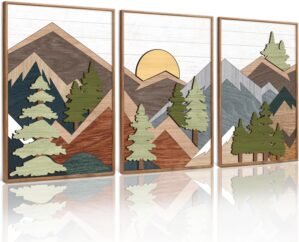 TOARTi Framed Wood Panel Mountain Forest Landscape Wall Decor (16″x24″), Vintage Nature Wilderness Woodland Wall Art, Mid Century Modern Sunrise Wooden Cut Decor for Farmhouse Bedroom Living Room