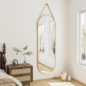 48″x16″ Hanging Mirror with Leather Strap,Oval Full Length Mirror with Aluminum Frame Wall-Mounted Hanging Mirrors for Bathroom Vanity Living Room Bedroom Entryway Decor, Gold
