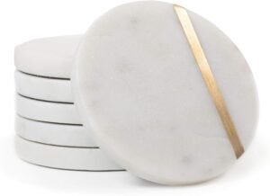 Cork & Mill Marble Coasters Set of 6 – Luxury Aesthetic Modern Decor for Coffee Table- White Marble with Gold Brass Inlay – Real Natural Semi Absorbent Stone Coasters