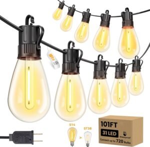 Minetom 101FT Outdoor String LED Patio Lights Waterproof, Shatterproof S14 Vintage Edison Bulbs, Commercial Grade Outside Hanging Lights for Porch Deck Garden Backyard Balcony Cafe Bistro