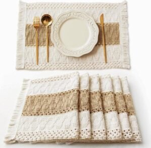 FEXIA Boho Placemats Set of 6, Macrame Table Decor Farmhouse Style Placemats in Natural Cotton Burlap, for Kitchen and Dining Table Centerpiece Home Decorations（Beige & Brown）
