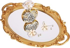 Polyresin Ellipse Antique Decorative Mirror Tray, Makeup Organizer, Jewelry Organizer, Serving Tray, 9.8”x 14.6”, Gold