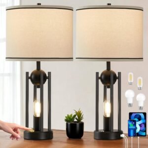 25” Farmhouse Table Lamps for Living Room Set of 2 with USB C+A Ports, Vintage Bedside Lamp for Bedroom, Touch Lamps for Nightstand, Dual Lights Independent Switch, 4 Bulbs Included, Black