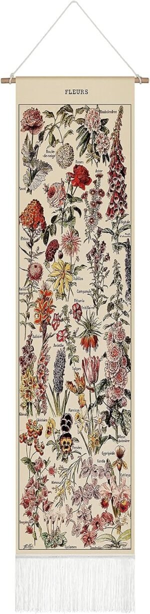 Tegeme Vintage Tapestry 52 x 13 Inch, Long Vertical Wall Hanging Reference Illustrative Botanical Tassel Tapestry for Bedroom Living Room Home Decoration(Flower)