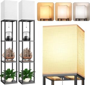 Floor Lamp with Shelves for Living Room 2 Pack, Shelf Floor Lamp with 3 CCT LED Bulb, Corner Display Standing Column Lamp Etagere Organizer Tower Nightstand with White Linen Shade for Bedroom, Office