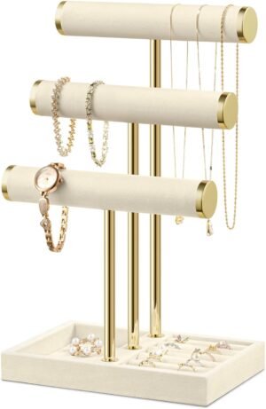 Bracelet Holder Jewelry Organizer Display – 3 Tier T Bar Velvet Stand, Beige Jewelry Storage for Bracelet, Necklaces, Watches