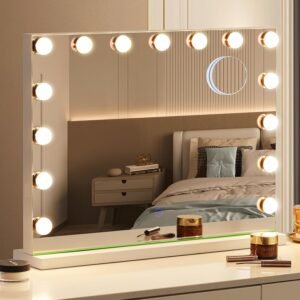 Hollywood Vanity Mirror with Lights, 23″x18″ Lighted Makeup Mirror with 10x Magnification for Desk/Wall Mount, 15 Led Bulbs, 3 Lighting Modes for College Dorm, Bedroom, Dressing Room