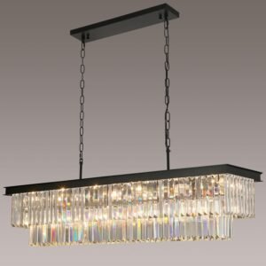 Weesalife Crystal Chandeliers for Dining Room Light Fixtures Over Table，18-Lights Black Modern Rectangle Chandeliers for Kitchen Island Bar L46 Inch