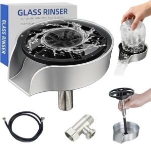 Glass Rinser for Kitchen Sink Glass Rinser with Pull-Out Spray High Pressure 360° Rotating Faucet Glass Rinser Cup Cleaner Bottle Washer for Bar Cafe Sink (Silver)