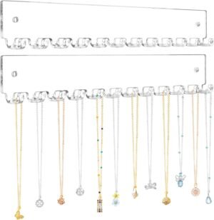 Acrylic Necklace Holder 2 Pack Wall Mounted Necklace Organizer Hanging Jewelry Organizer with 12 Hooks for Necklaces, Bracelets, Rings and Bangles Display
