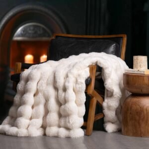 EverGrace Ultra Soft Luxury Fluffy Faux Rabbit Fur Throw Blanket, Thick Warm Bubble Throw for Bed, Cozy Plush Reversible Blankets for Couch, Chair, Sofa, Ivory White, 50×60 Inches