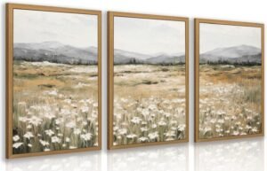 CAZLOUC White Wildflowers Wall Art Set of 3, Neutral Meadow Landscape Wall Decor, Minimalist Mountain Canvas Prints, Beige Rustic Field Paintings for Living Room Bedroom Wood Framed 12×16 Inch