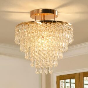 FRIXCHUR 11.8″ Crystal Chandelier Gold Flush Mount Ceiling Light 5 Tiers Raindrops Crystals Pendant Lighting Fixture for Bedroom Hallway Living Room E26 Base