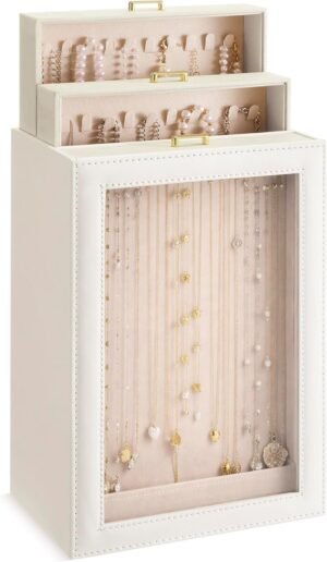 Huquary 3 Layer Vertical Necklace Holder Organizer Box 12.6″ x 7.9″ x 5″, 30 Hooks PU Necklace Storage Box with Clear Lid Necklaces Display Case for Jewelry Organizer Storage Women Gift(White)