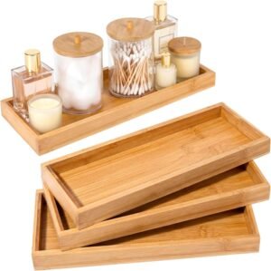Chengu 3 Pcs Bamboo Vanity Trays for Bathroom Small Wooden Serving Tray for Bathroom Counter Food Appetizer Tea Dessert Kitchen Candle Tissue Toilet Tank Home Decor, 11 x 4 Inch(Rectangle Style)