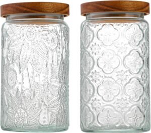 34 OZ/2 PCS Glass Storage Jar with Airtight Bamboo Wooden Lids, Vintage Food Containers Canisters Sets for Kitchen Counter Pantry, Sugar, Flour, Candy, Tea, Coffee Beans, Oats, Grain Bin, Pasta,