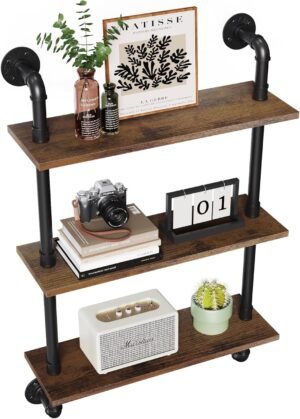Merapi 24″ Industrial Floating Shelves, Pipe Shelves for Wall, 3 Tier Rustic Wood Wall Shelves for Home Décor, Bedroom, Living Room, Bathroom…