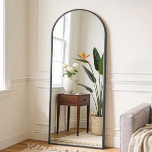 OLIXIS Black Arched Full Length Mirror 60″x16″ for Bedroom, Full Body Mirror with Stand, Hanging or Leaning for Wall, Aluminum Alloy Thin Frame Floor Standing for Living Room