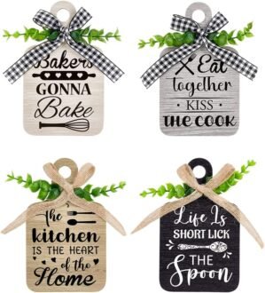 PH PandaHall 4pcs Kitchen Wooden Hanging Signs, 3.5×5.9 inch Wood Sign Kitchen Wall Decor Hanging Plaques Farmhouse Eat Sign for Home Dining Living Room Bar Cafe Art Decor