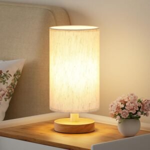 Fenmzee Small Table Lamp for Bedroom – Inline Control, Bedside Lamp with 3000K A15 LED Blub, Easy Assembly (Cream Shade – Wood Base, 9″ Inline Control)