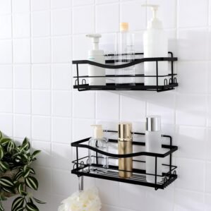 KINCMAX Iron Shower Caddies – Self Adhesive Bathroom Shelves for Showers – Wall Organizer Shampoo Holder Shelf – Peel and Stick On Caddy Bath Tub Rack – Pack of 2 Holders – Black