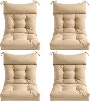 4 Pcs Outdoor Patio Chair Cushions, Thick Seat Pads for Garden Furniture, Waterproof Non Slip Chair Cushions with Ties, Replacement Cushion Set for Porch, Yard, Balcony-Brown