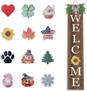flowtorely Interchangeable Outdoor Welcome Sign for Front Porch Standing 47″×8″ Set of 3 Large Wood Frame with 12 Pcs Icons Vertical Tall Leaner Outside Welcome Sign for Front Door Decor (Wood)