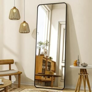 XRAMFY 56″x21″ Floor Full Length Mirror Standing Full Body Rounded Corner Rectangle Mirrors with Stand Hanging Wall Mounted Leaning Bedroom Living Room Bedroom Cloakroom,Black