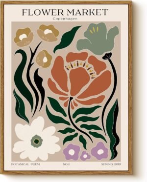 Vintage Botanical Flower Market Framed Wall Art 12×16, Boho Floral Illustration Canvas Print Living Room Bedroom Decor, Scandinavian Nordic Minimalist Modern Bathroom Aesthetic Artwork