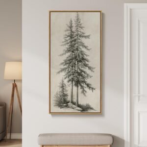 Framed Vertical Vintage Sketch Tree Living Room Wall Art, Large Black Beige Rustic Pine Artwork for Walls, Classic Antique Nature Forest Canvas Painting Print for Office Kitchen Foyer Stair 20×40 Inch
