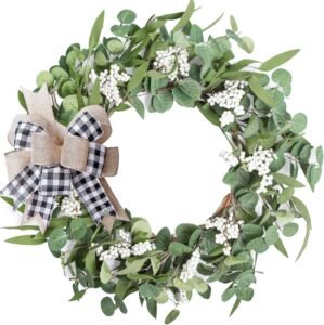 Artificial Eucalyptus Wreath for Front Door|20″ Green Leaf Wreath for Window Home Porch Farmhouse Patio and Garden Indoor Outdoor Decor with Bow for Spring Summer Fall Winter