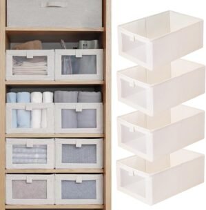 Pradnel Linen Closet Organizers And Storage, 4 Pack Storage Bins Baskets for Organization Foldable Organizer with Clear Window Organizing Clothing, Jeans, Shelves