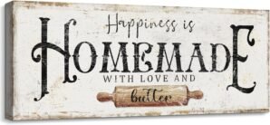 Happiness is Homemade with Love and Butter Sign Funny Kitchen Sign Decor for Counter Pantry Rustic Farmhouse Style Wall Décor Shabby Chic Family Wall Plaque Decoration Housewarming Gift, 6 x 17 Inch