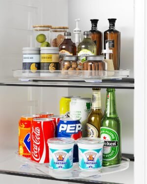HIYOHIYO 2-Pack Clear Lazy Susan for Refrigerator Rectangular Fridge Turntable Organizers and Storage Pull Out & 360° Rotating for Cabinet Pantry Kitchen Table Bathroom (13.7″x10.2″)