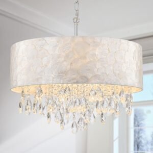 LumFurn X-Large 6-Light Drum Capiz Shell Crystal Chandeliers, Coastal Style Pendant Light Fixture for Dining Room, Living Room, D24 x H23~71 inch(Adjustable), Shell Lampshade & Chrome Finish