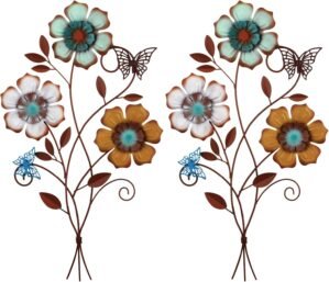 Moxweyeni Tricolor Flower Wall Decor Vintage Metal Wall Art Decor Rustic Hanging Flowers Decorative Metal Floral Art for Home Living Room Bathroom Indoor Outdoor, 15 x 9.1 Inch(2 Pieces)