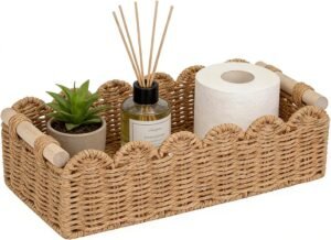 Upgraded Paper Rope Scalloped Edge Toilet Paper Storage Basket, Small Living Room, Bedroom Decor Baskets for Over Toilet Storage Shelf, End Table, Shelves and More, with 2 Wooden Handle (Neutral)