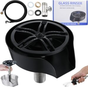 Glass Rinser and Cup Washer for Sink, 360° Rotating Spray Nozzle with Pull-Out Design, Bottle Cleaner – Tilted Base Prevents Splashing, Kitchen Sink Accessories for Home & Bar (Easy Install-Black)