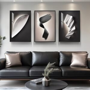 Large Framed Modern Abstract Wall Art 3 Piece Set, Black and White Decorative Artwork, Minimalist Trendy Line Geometric Bright Style Pictures Prints for Living Room Hallway and Office 20×30 Inch