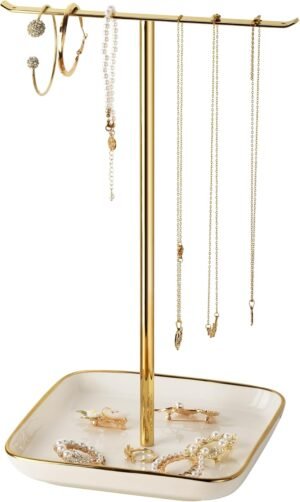 pickpiff Necklace Holder Stand with Ceramic Base: 12″ Jewelry Tree Display Organizer for Necklaces, Bracelets, Rings, Earrings, Tall Gold Stand for Women, Aesthetic Room Décor, Gold and White