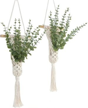 Macrame Wall Hanging with Artificial Eucalyptus Plant, Boho Wall Decor, Green Gray, Set of 2