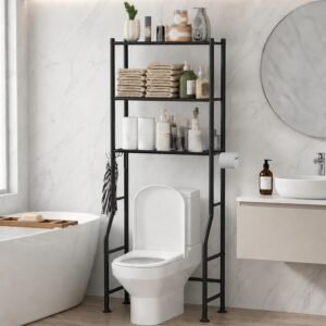 GloTika 3-Tier Over Toilet Storage with Anti-Tilt Safety System – 150lb Total Capacity Metal Bathroom Shelves Including Paper Holder & 4 Hooks, Space Saving Above Commode Organizer (64″ H, Black)